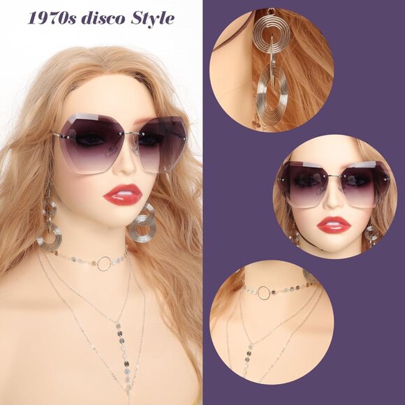 Chic 4-Piece 70s Disco Accessory Set: Bracelet, Sunglasses & Jewelry for Parties - Picture 4 of 6